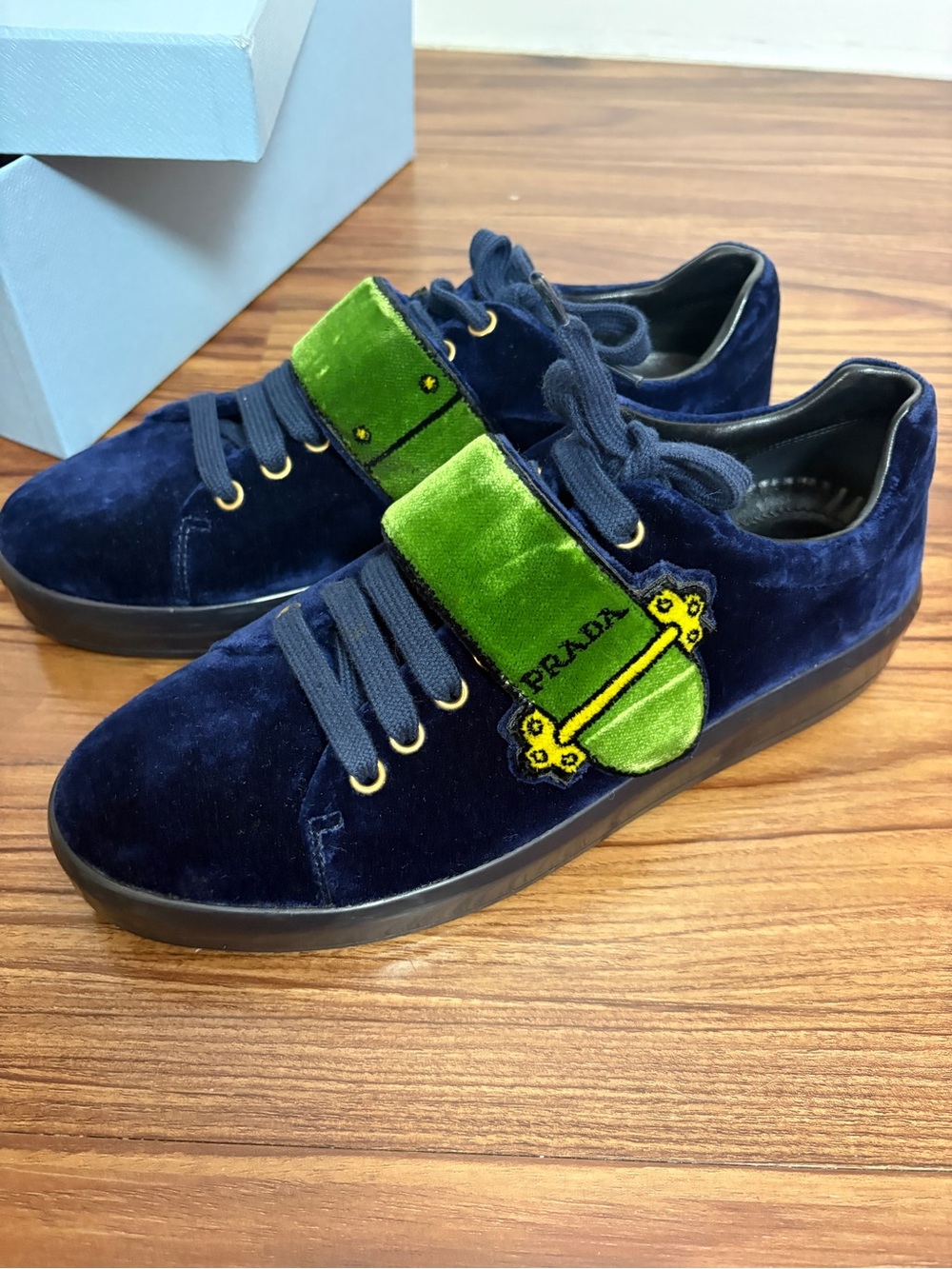 Prada Blue Velvet Sneakers with Green Accent size 39